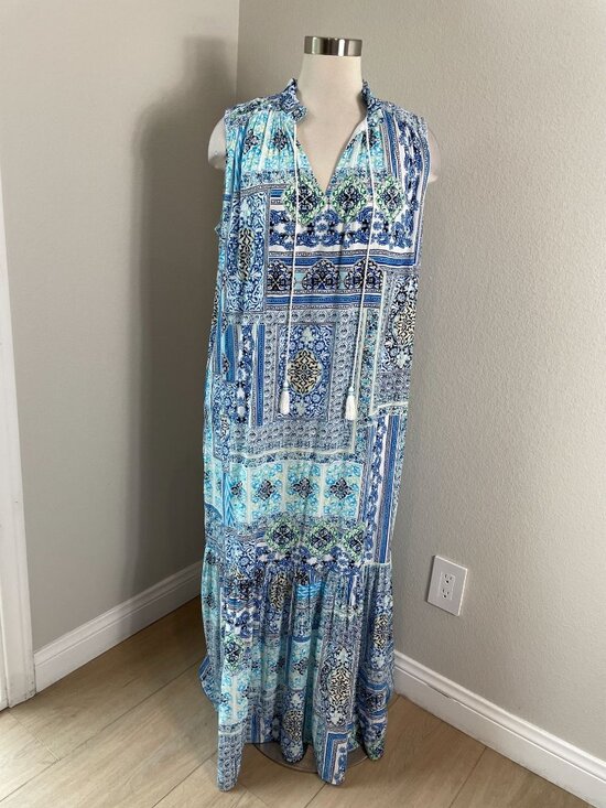 Chicos Womens Large Blue White Maxi Dress Sleeveless Boho Patchwork Tassel Tie - Picture 2 of 14